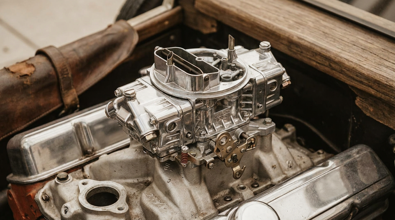 Närbild på en klassisk förgasare till bränslesystem klassisk V8 med kromdetaljer och luftrenare